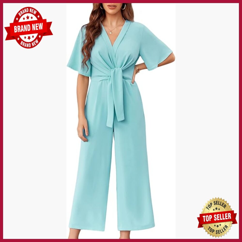 Wide Leg Jumpsuit with Tie Front, Chiffon Fabric, Size Medium